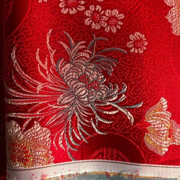 Red Gold Blue Chinese Satin Floral Brocade Fabric 44 x 359 Over 8 Yards - Picture 3 of 9